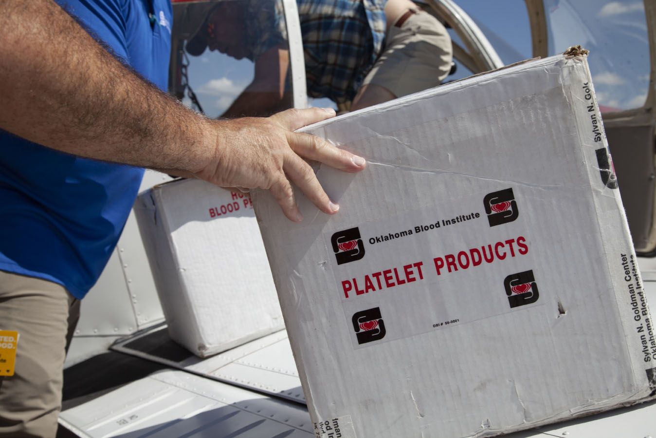 Life-saving blood product is loaded on a plane for a Flights For Life mission.